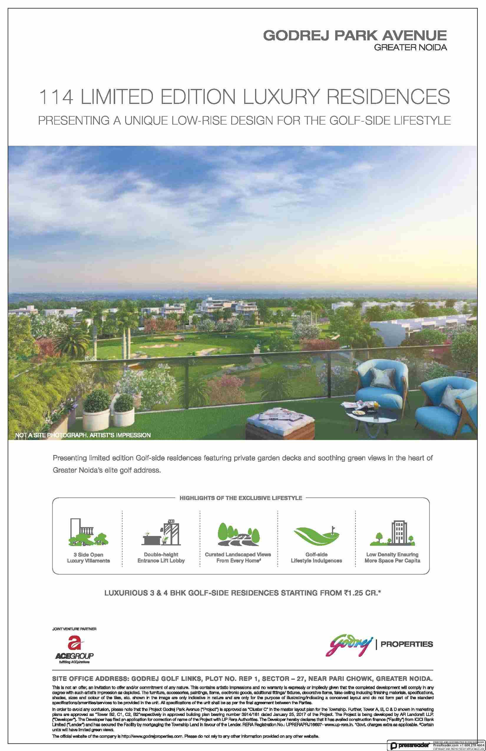 Book luxurious 3 & 4 BHK golf side residences @ Rs. 1.25 cr. at Godrej Park Avenue in Greater Noida Update